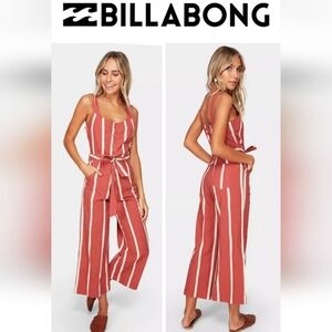 Billabong Crossfire Rusty Orange Striped Sleeveless Jumpsuit Size 8 Linen/Cotton